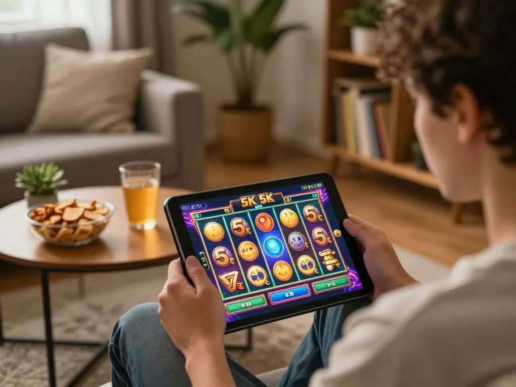 Engaging with slot 5k game on a tablet in a cozy home setting, showcasing strategic gameplay.