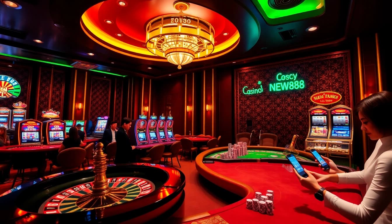 Watch the roulette wheel of NEW888 spin, surrounded by vibrant casino elements and excited players.