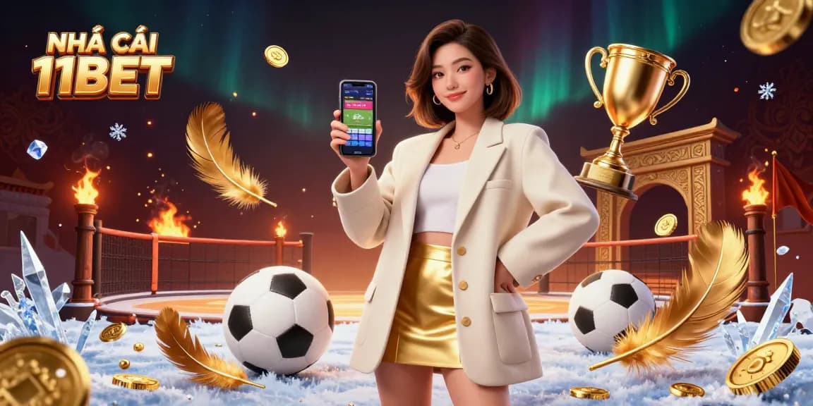 Experience sports betting excitement with NHÀ CÁI 11BET in a dynamic 3D illustration.