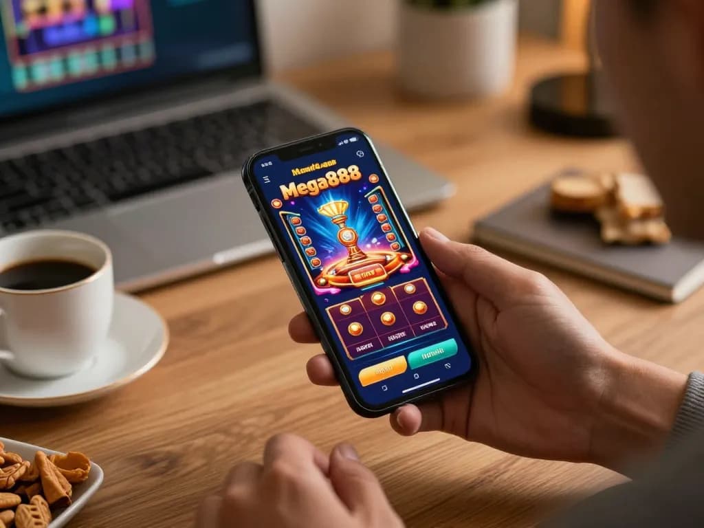 Experience mega888 apk mobile gaming with a smartphone showcasing vibrant casino graphics
