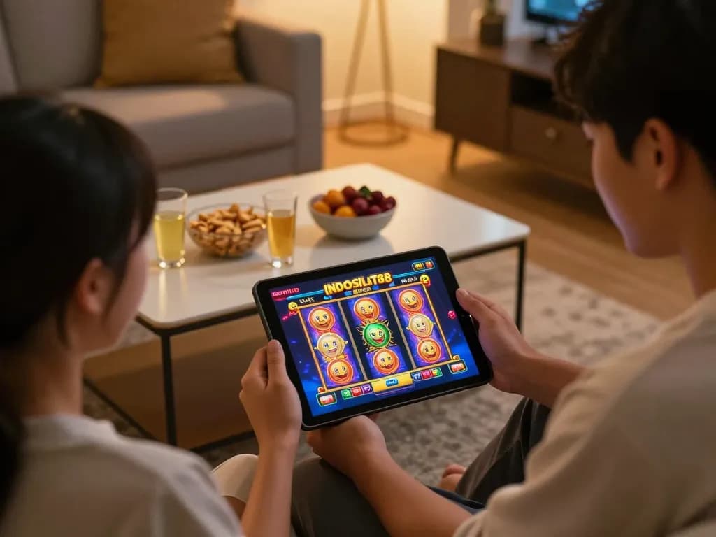 Engaging gameplay on layanan INDOSLOT88 terbaru through online slots in a cozy home setting.