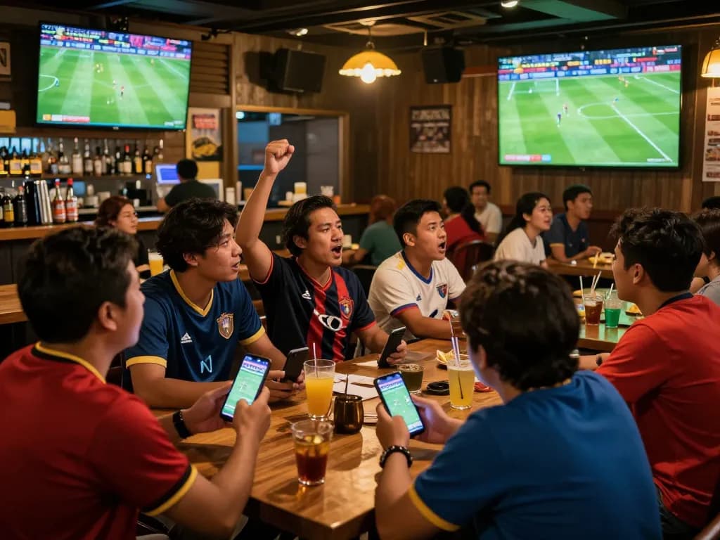 Soi kèo bóng đá enthusiasts cheering while placing bets in a lively sports bar.