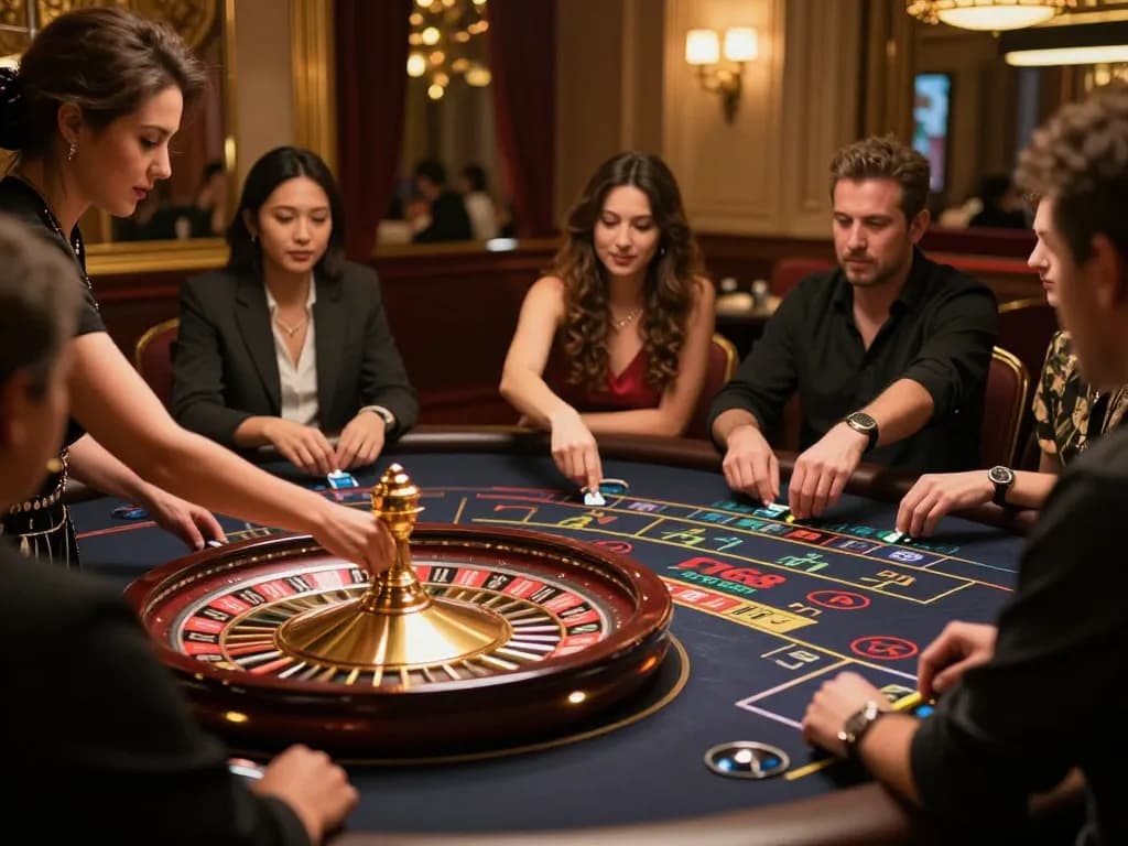 F168 players engaging at a luxurious roulette table in a vibrant live dealer casino.