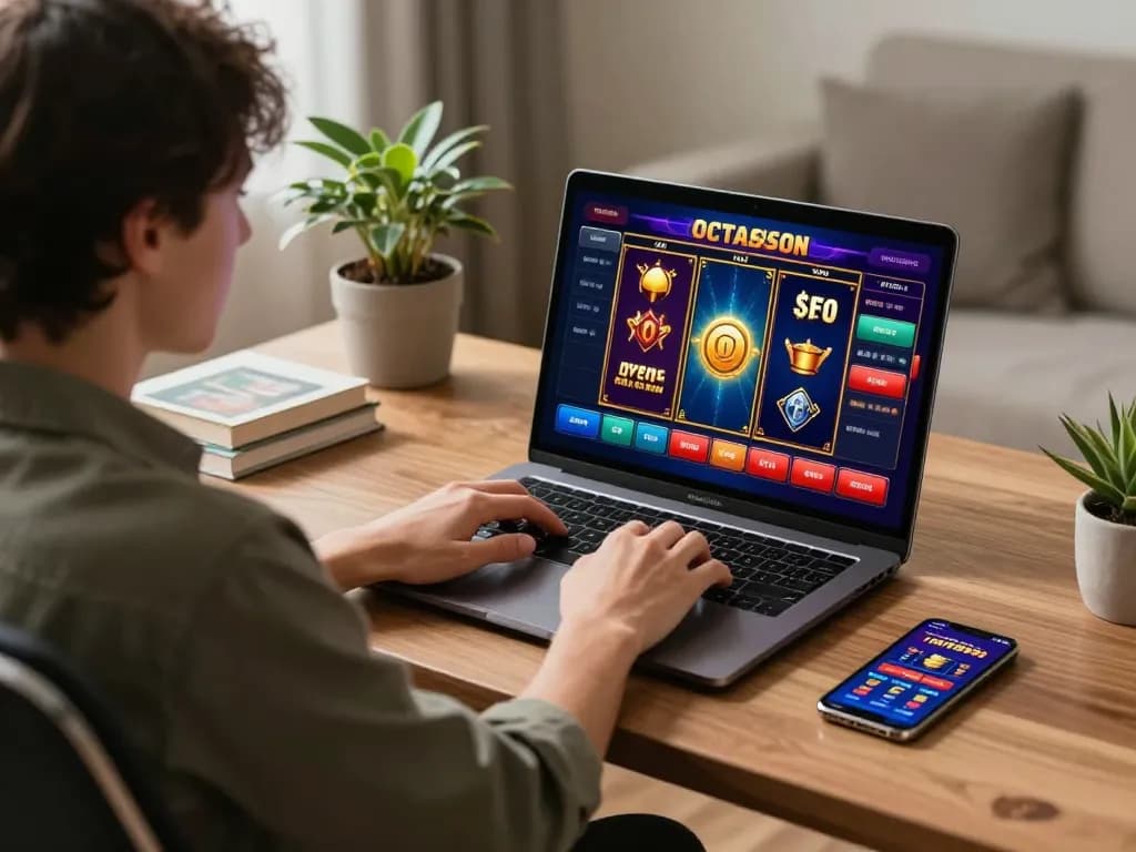 Player engaging in an octaslot game on a laptop, showcasing vibrant graphics in a modern gaming space.
