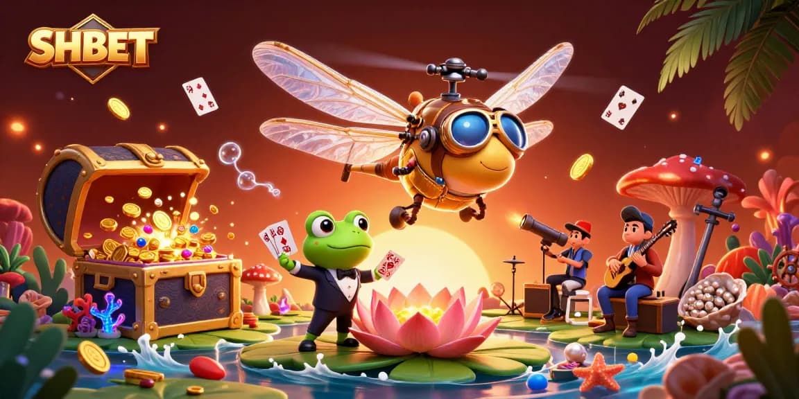 Experience thrilling gaming excitement at SHBET's vibrant lily pad casino scene with dynamic characters.
