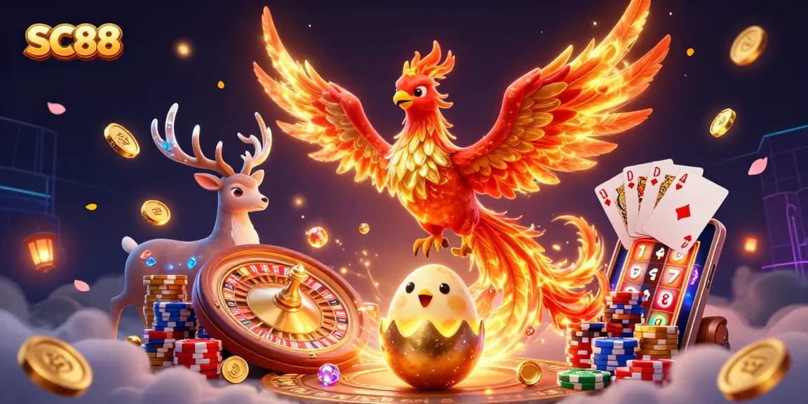 Spin to win with SC88’s vibrant phoenix illustration amidst golden coins and casino excitement.