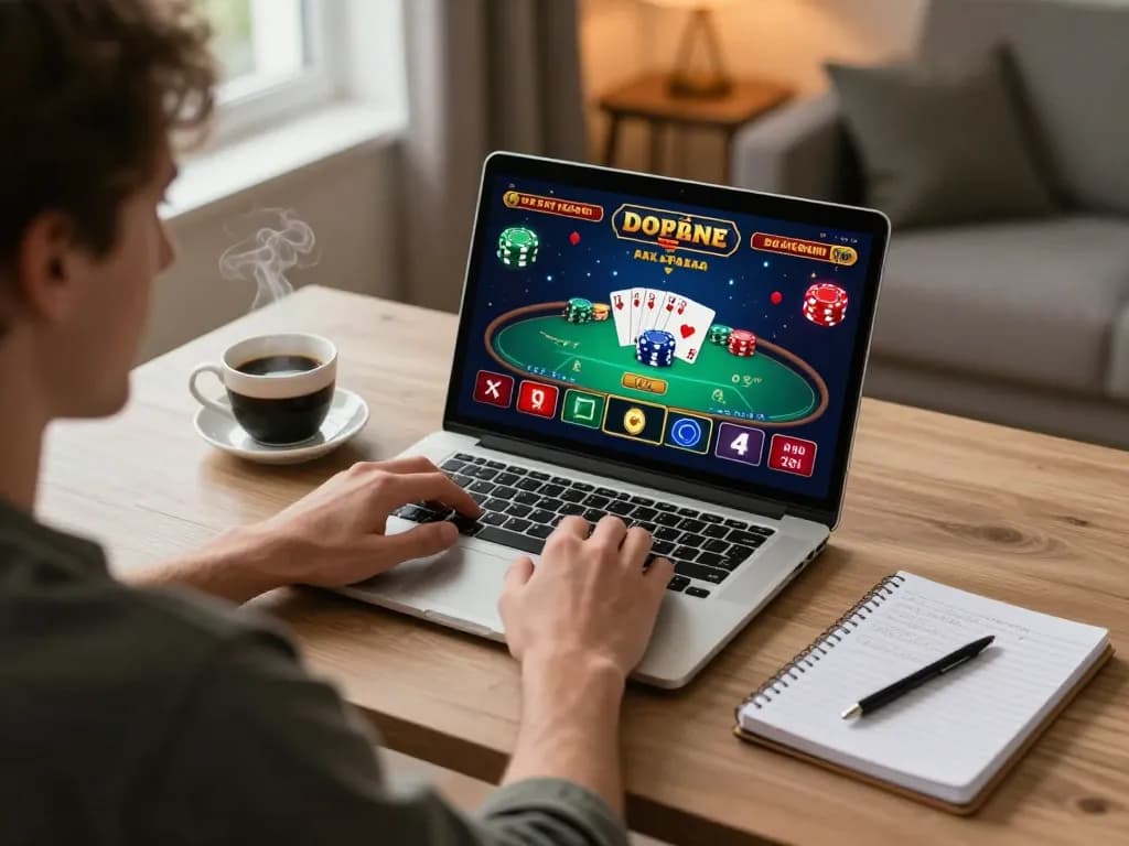 Engaged gamer placing bets on jagoan86 online poker platform from a cozy home setup.