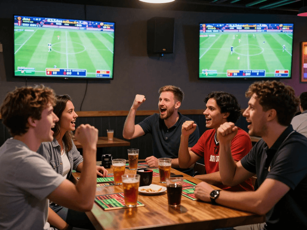 SBOBET users celebrating a live betting win in a lively sports bar.