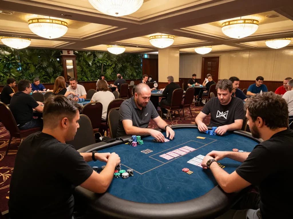Players enjoying poker action at Sunwin casino with ambient lighting and lively atmosphere