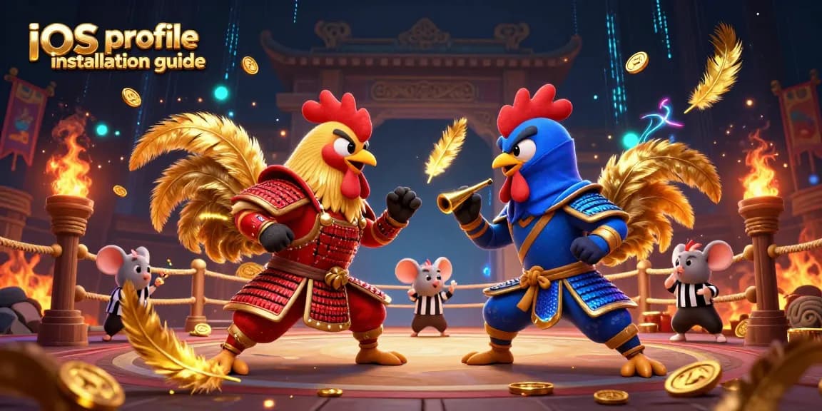 Engage in thrilling action with the iOS profile installation guide as roosters battle in a rich Asian casino setting.