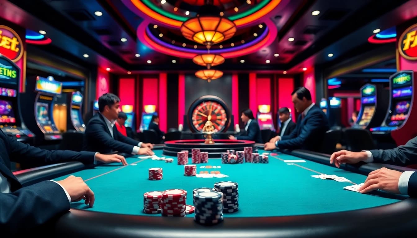F8BET players enjoy a thrilling poker match surrounded by vibrant casino ambiance.