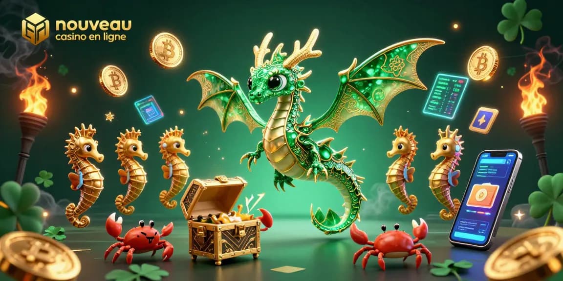 Experience the allure of nouveau casino en ligne with a majestic sea dragon, shimmering coins, and digital elements.