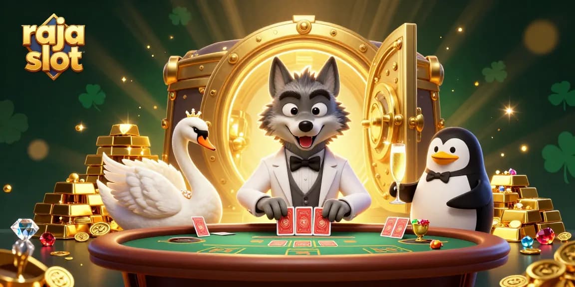 Experience winning at raja slot with a glamorous scene featuring a debonair wolf and elegant characters.