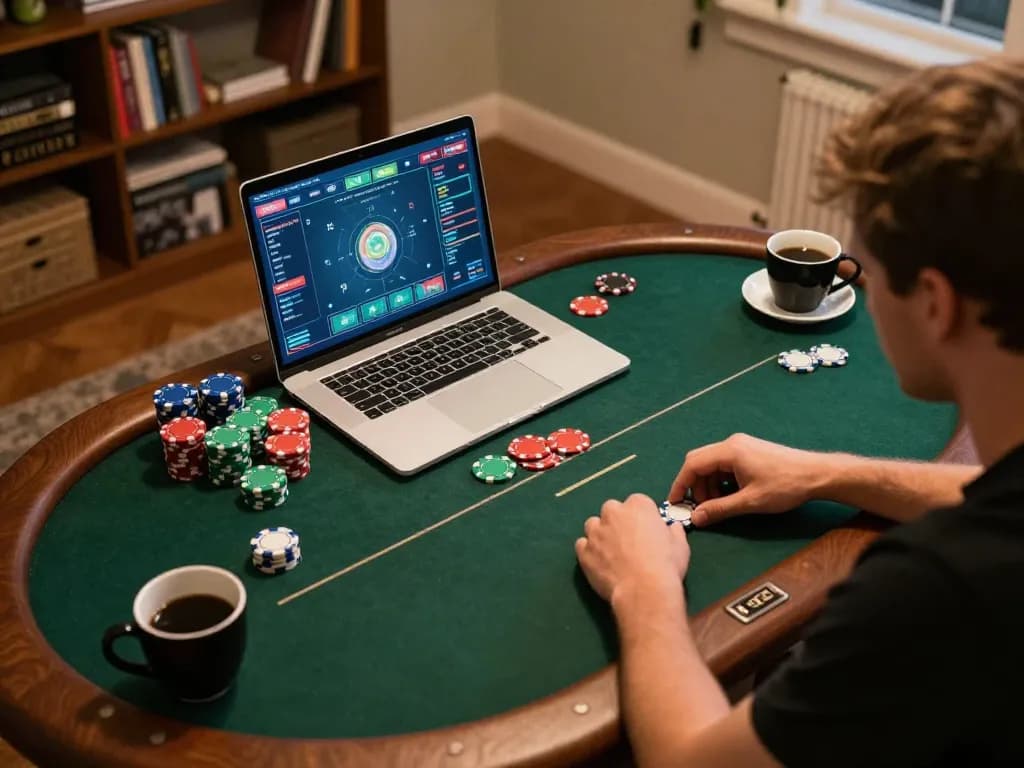 Engaged player using open88 com for an online poker game at home, surrounded by colorful chips and strategic notes.