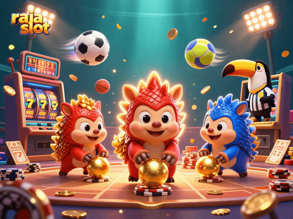 Engage with raja slot as pangolins roll golden balls through poker chips in a vibrant casino scene.