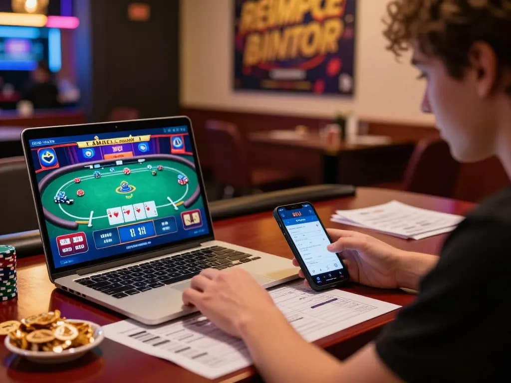 Engaged player exploring W4U online gaming platform on laptop, vibrant casino atmosphere depicted.
