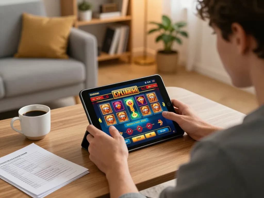Engaged player enjoying slots on DU88 app in a cozy home setting, combining strategy and entertainment.