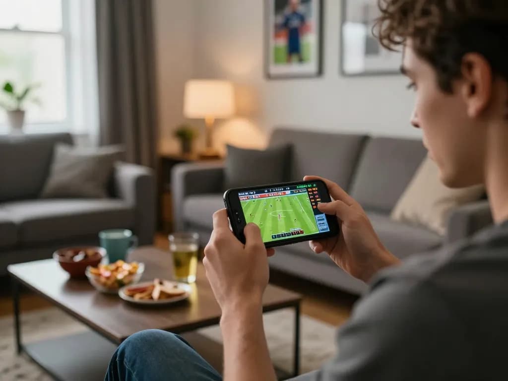 Engaged bettor using 98win app for live sports betting, capturing excitement and strategy.
