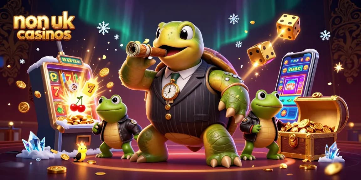 Engage with non UK casinos featuring a dynamic scene of a snapping turtle mobster and bullfrog enforcers.