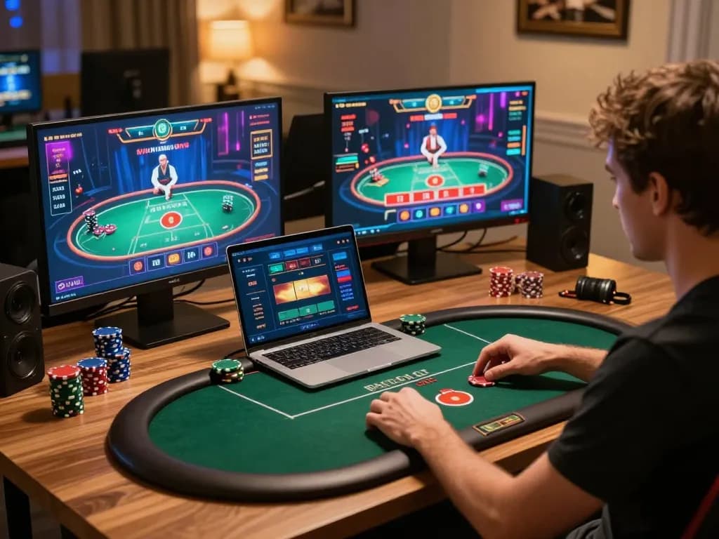 Revjeffhood analyzes online poker strategy on multiple screens in a cozy gaming setup.