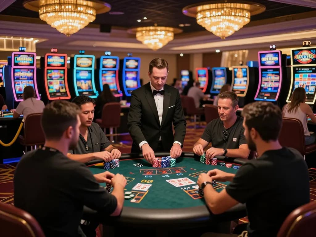 KO66 players engaged in high-stakes blackjack action on a luxurious casino floor with vibrant atmosphere.