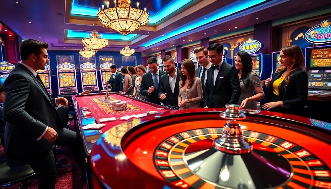 Players cheer at a lively casino table with j88 poker chips, capturing the excitement of gambling wins.