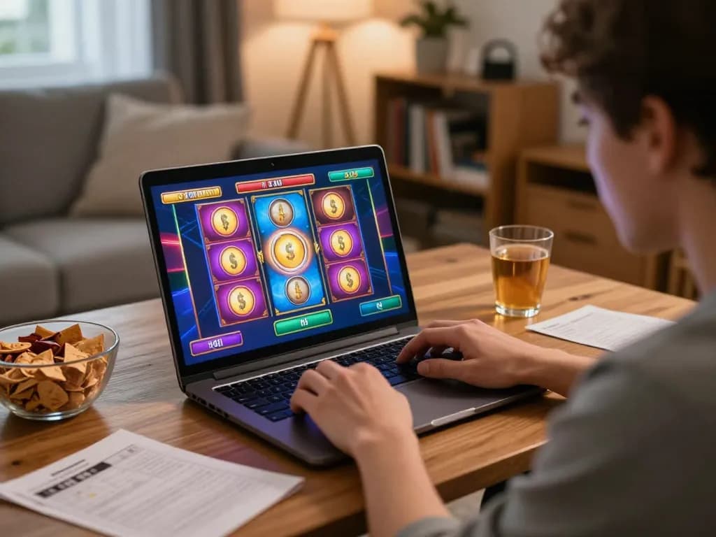Player enjoying a kdslot game on a laptop in a cozy home environment with snacks and drinks.