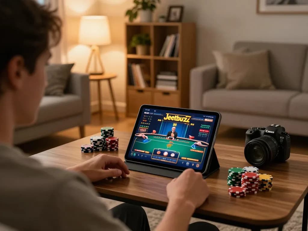 Engaged user playing Jeetbuzz 88 online poker on a tablet in a cozy living room.