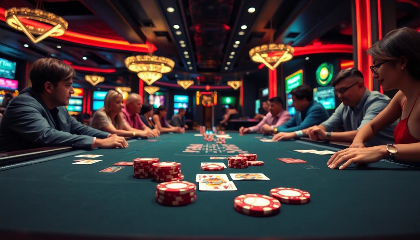 Game players enjoying situs toto in a vibrant casino setting with active engagements.