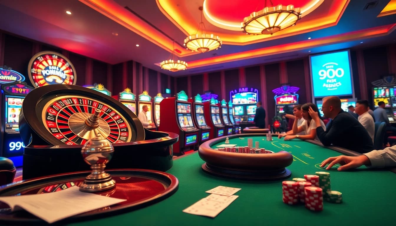 Exciting 99ok casino scene with roulette wheel, vibrant slot machines, and passionate players.