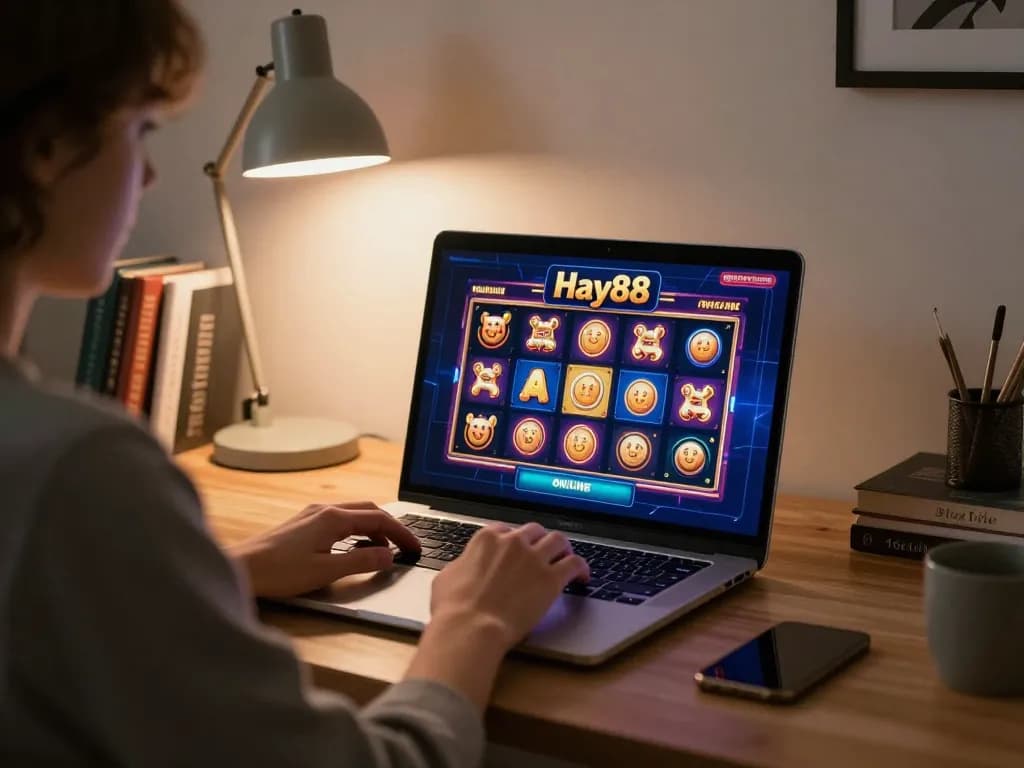Hay88 online casino gameplay on a laptop, showcasing a vibrant slot machine in a cozy setup