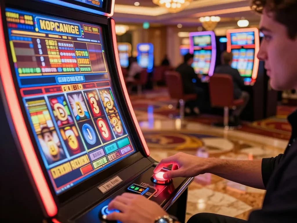 Engaged player spinning Tempo123 Slot machine reels, vibrant casino atmosphere with warm lighting.