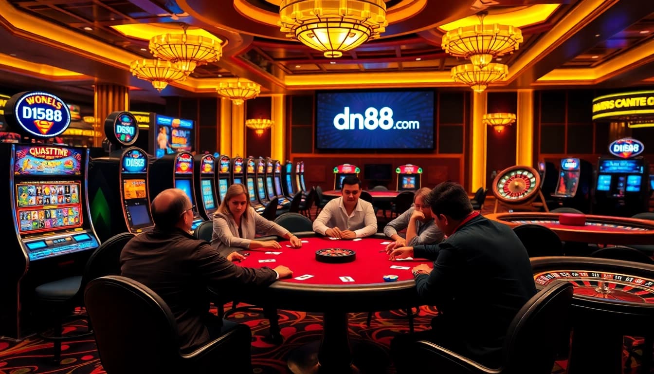 Experience thrilling gaming at dn88 com with a vibrant casino scene featuring poker tables and slot machines.