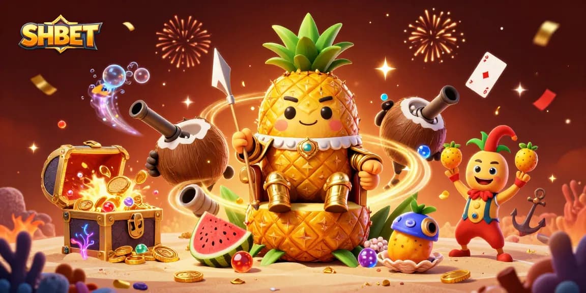 Engage with SHBET's vibrant casino adventure featuring a golden pineapple king and lively game elements.