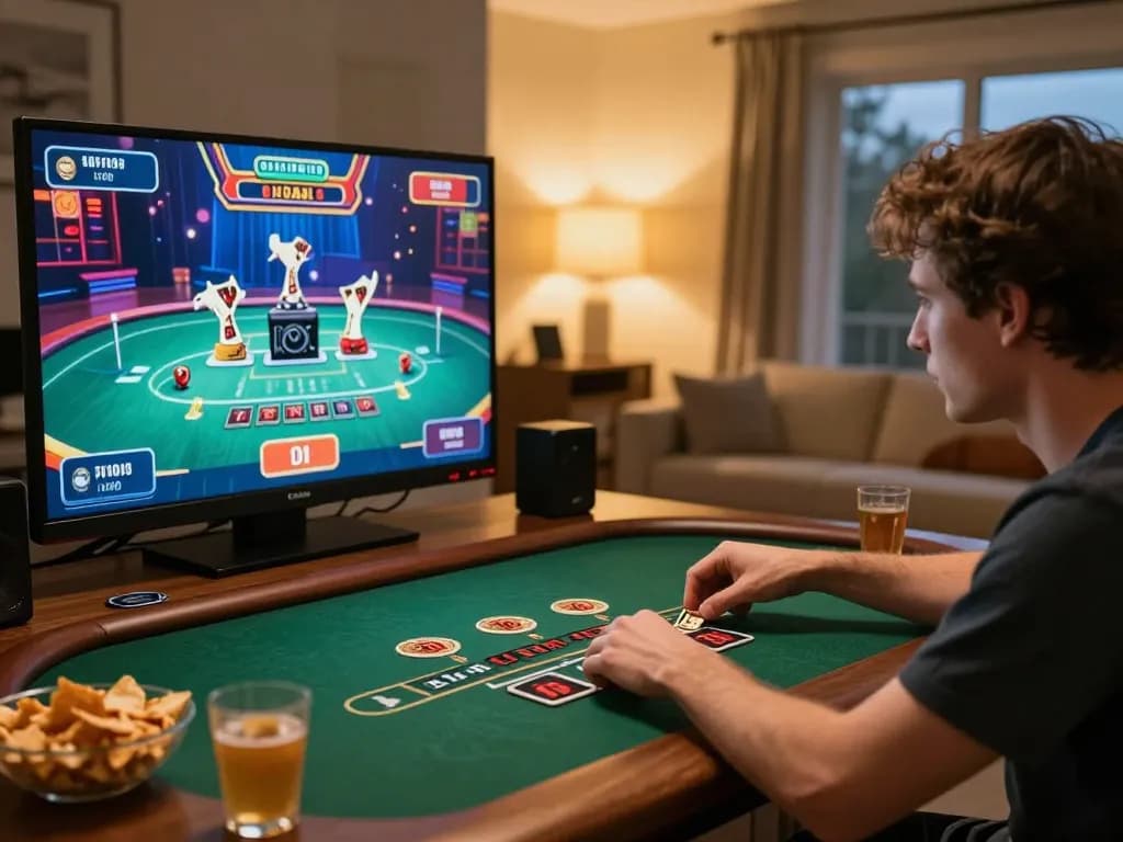 Engaging in strategic gameplay at home with slot mpo777 on the screen, showcasing vibrant casino visuals.