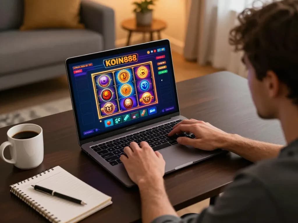 Sesi permainan online KOIN888 dengan pemain yang fokus pada layar laptop menampilkan permainan slot yang cerah.
