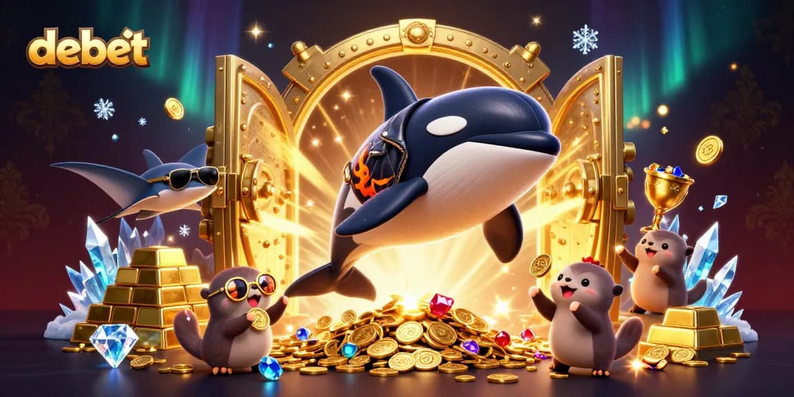Experience debet's thrilling gaming atmosphere with an orca and sea life celebrating wins amidst treasure.