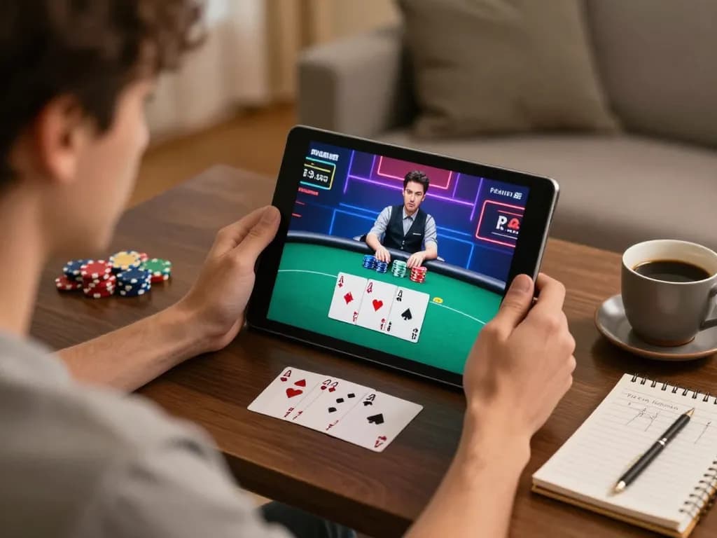 Player enjoying an intense moment in poker on NK88, showcasing strategy and involvement in a cozy home
