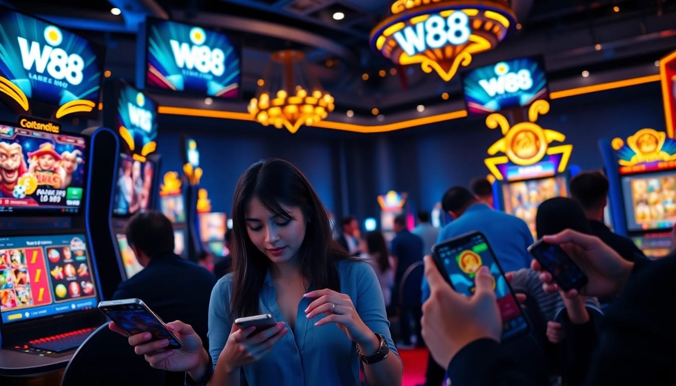 Engaged players using w88 มือถือ at a lively casino setup with vibrant lights and screens.
