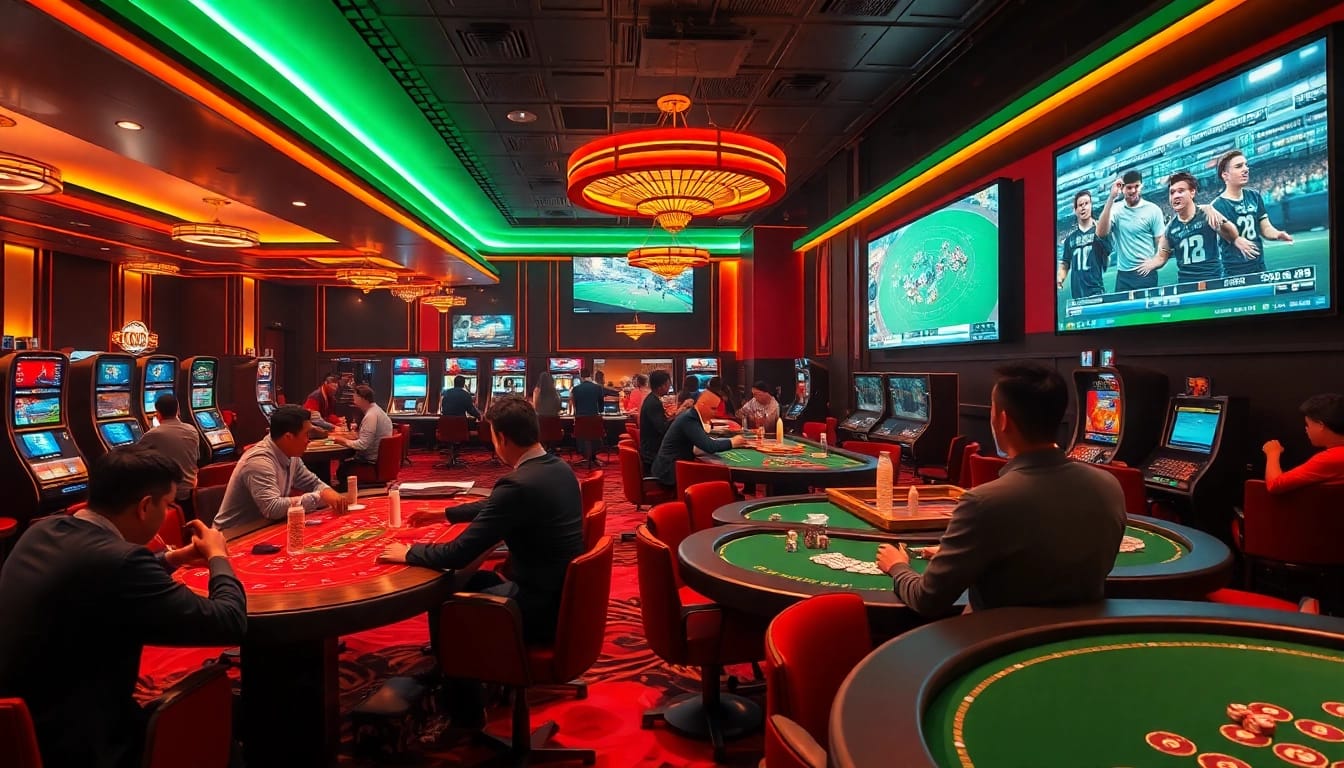 Exciting gaming scene at 66 club showcasing players enjoying poker, slots, and sports betting in a vibrant atmosphere.