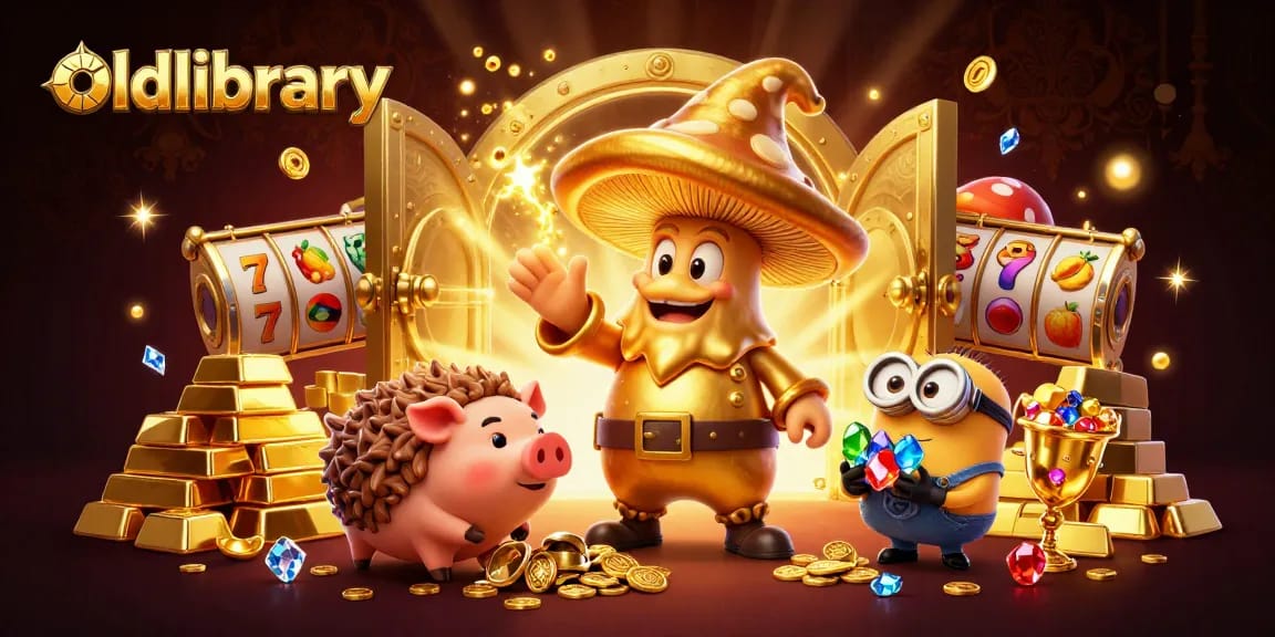 Spin to win at oldlibrary with a magical treasure scene packed with gold, gems, and vibrant slots.