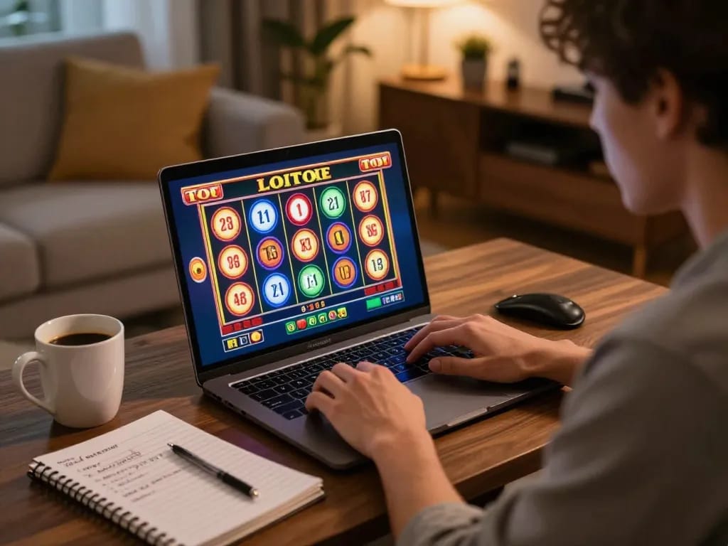 Player enjoying sizzling toto slots game on laptop in cozy home environment, focusing on strategic gameplay.
