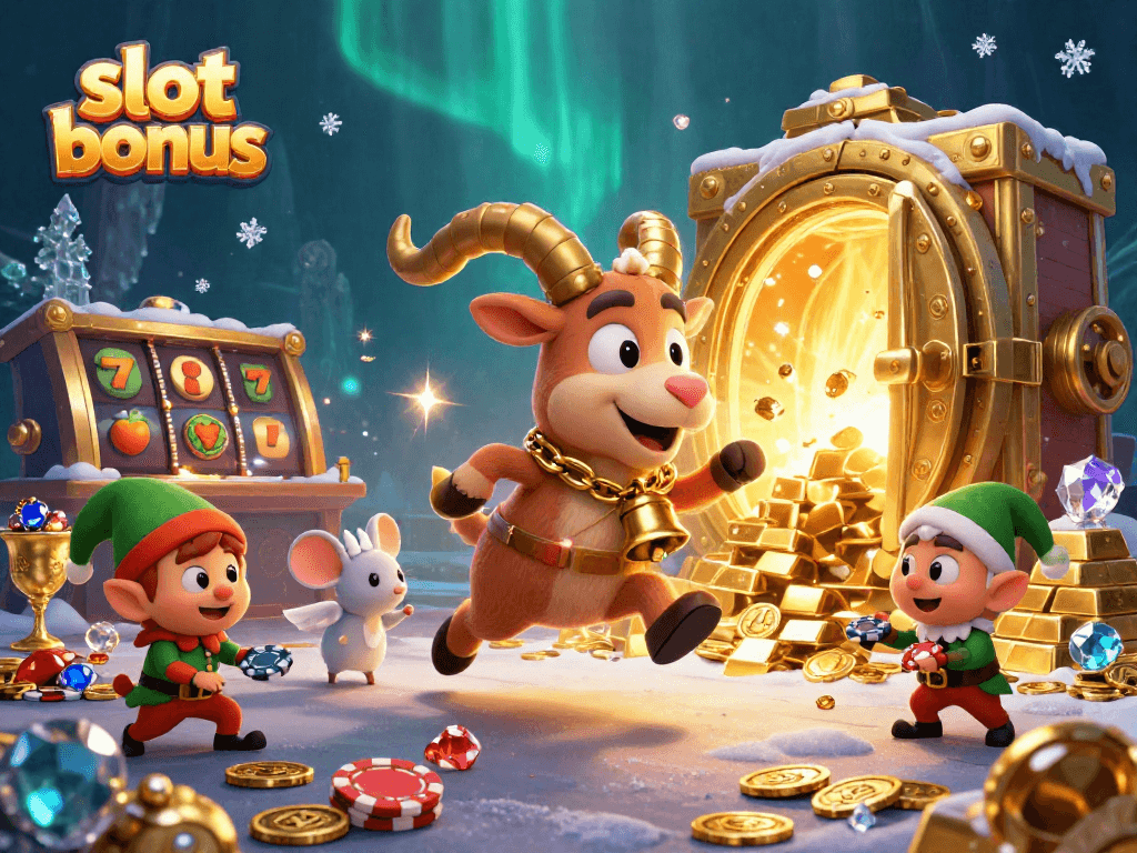 Experience the slot bonus excitement with a chaotic casino scene featuring Krampus and mischievous elves.