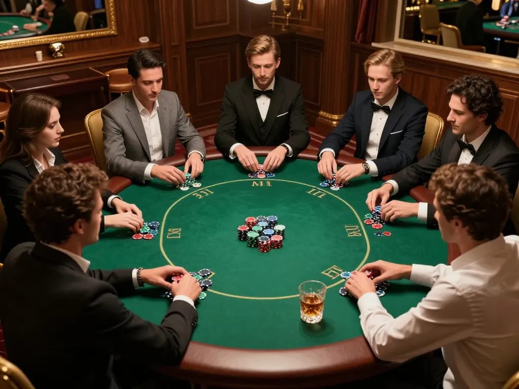 IWIN CLUB poker night with players engaged in Texas Hold'em at an elegant table setting.