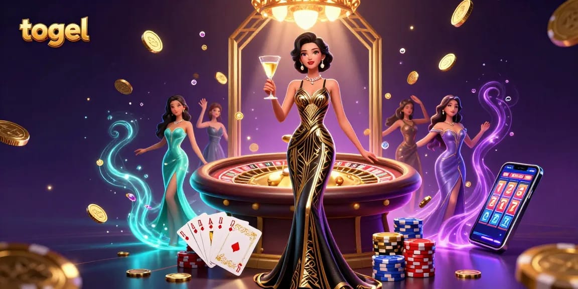 Experience thrilling togel gameplay with cascading coins, a roulette table, and a glamorous theme.