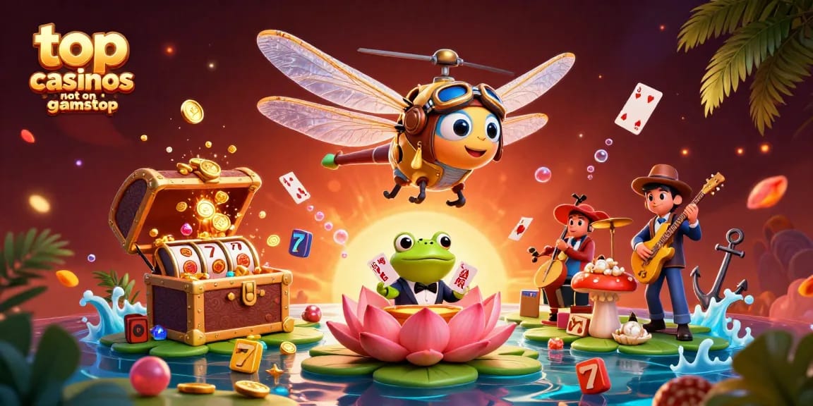 Engage with top casinos not on gamstop showcasing a vibrant 3D dragonfly pilot and frog croupier.