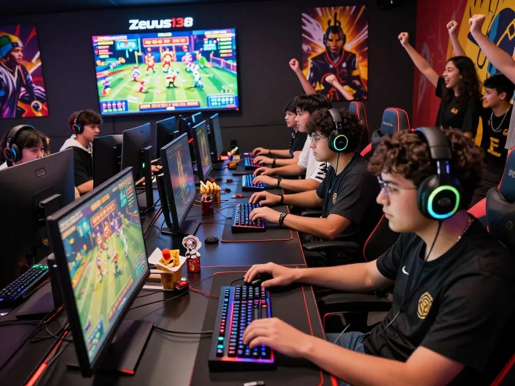 Engaged gamers enjoying Zeus138 online slots in a vibrant e-sports environment, showcasing excitement and community.