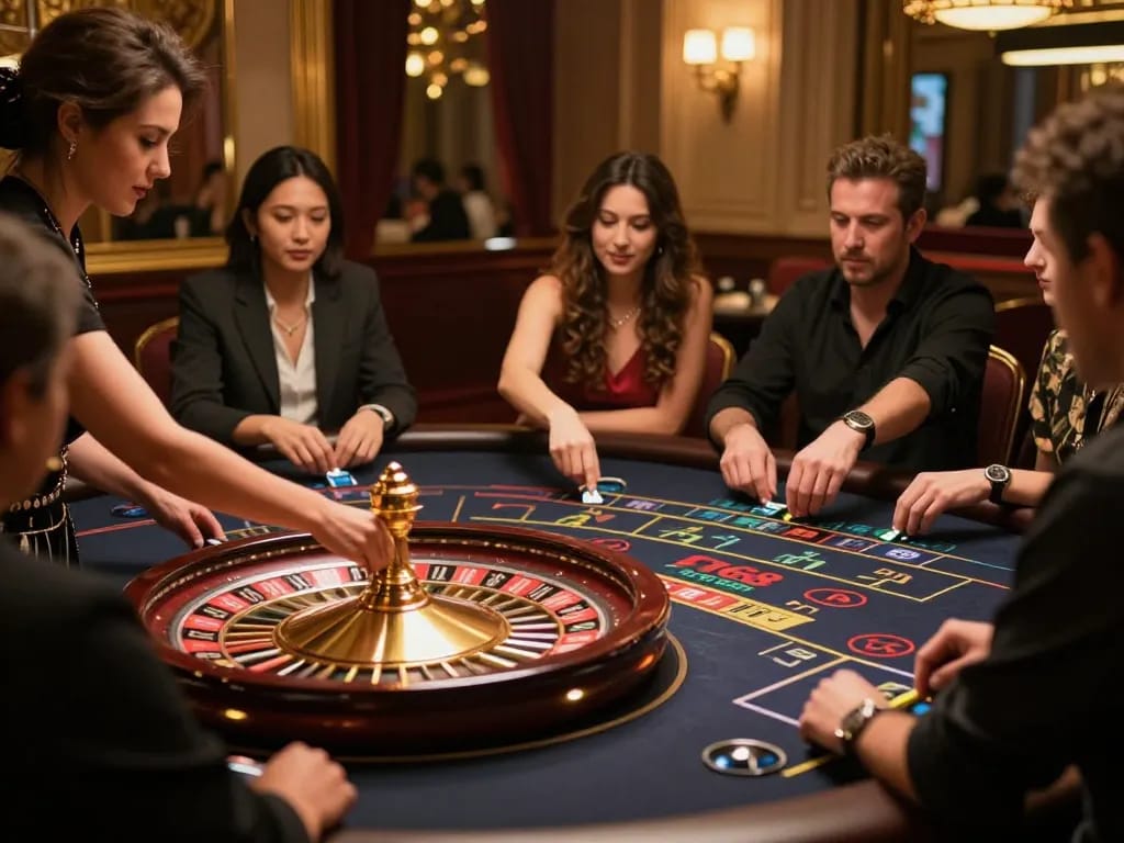 F168 players engaging at a luxurious roulette table in a vibrant live dealer casino.