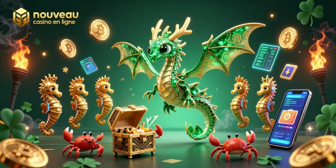 Experience the allure of nouveau casino en ligne with a majestic sea dragon, shimmering coins, and digital elements.
