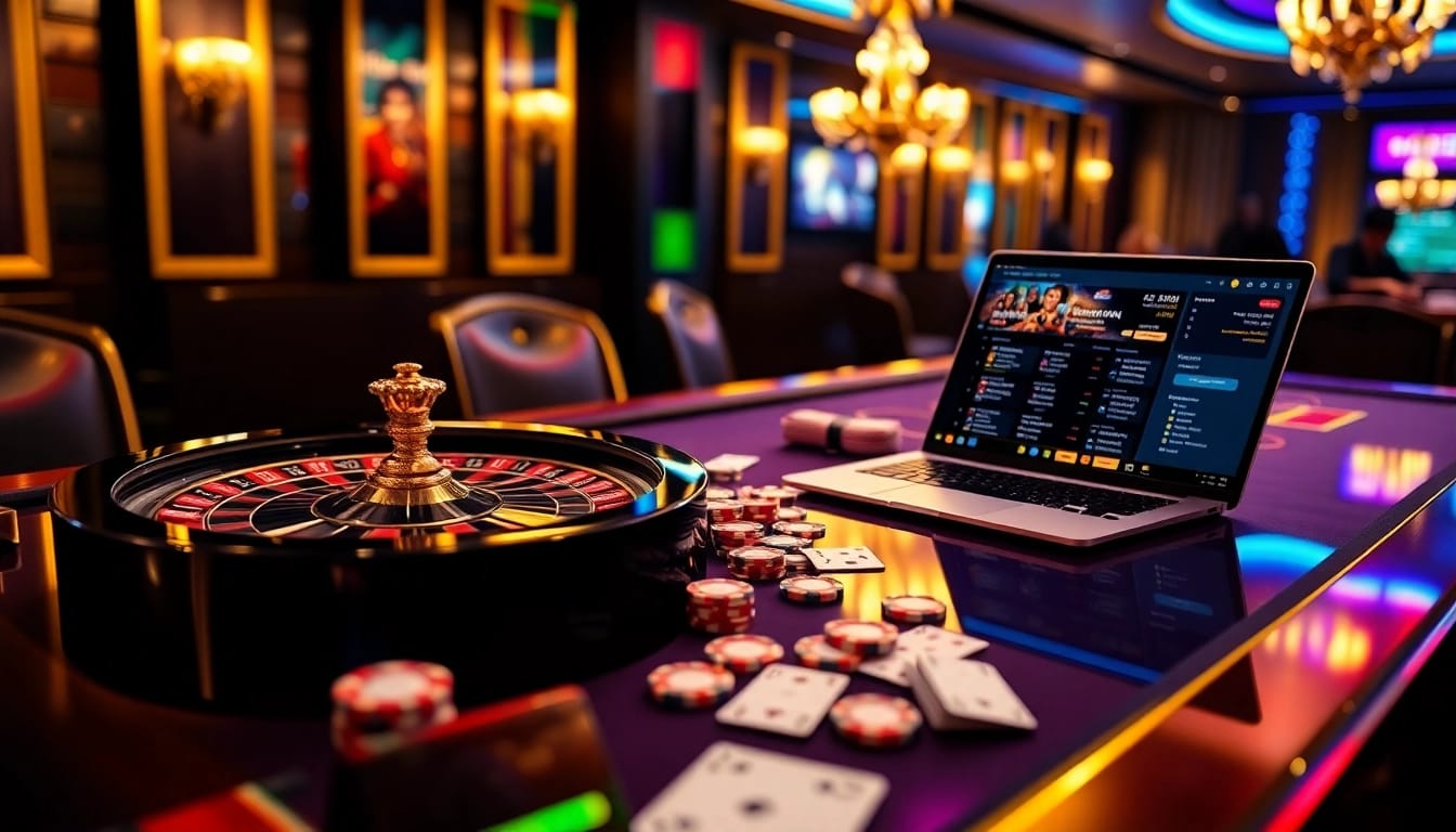 Engaging players using SBOBET link in a vibrant casino setting with roulette and poker elements.